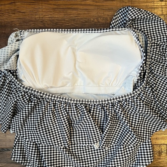 Black White Gingham One Piece Bathing Suit Off Shoulder Summer Vacation Medium - Picture 6 of 7